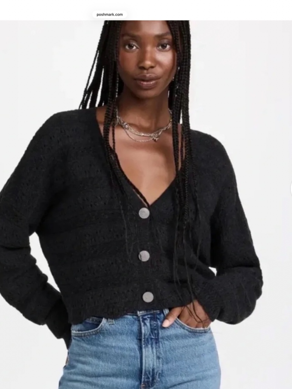 Ba&sh Harold Charcola Pointelle 3-Button Cropped Cardigan